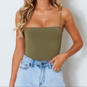 Olive Bodysuit Straight Neckline Thin Straps